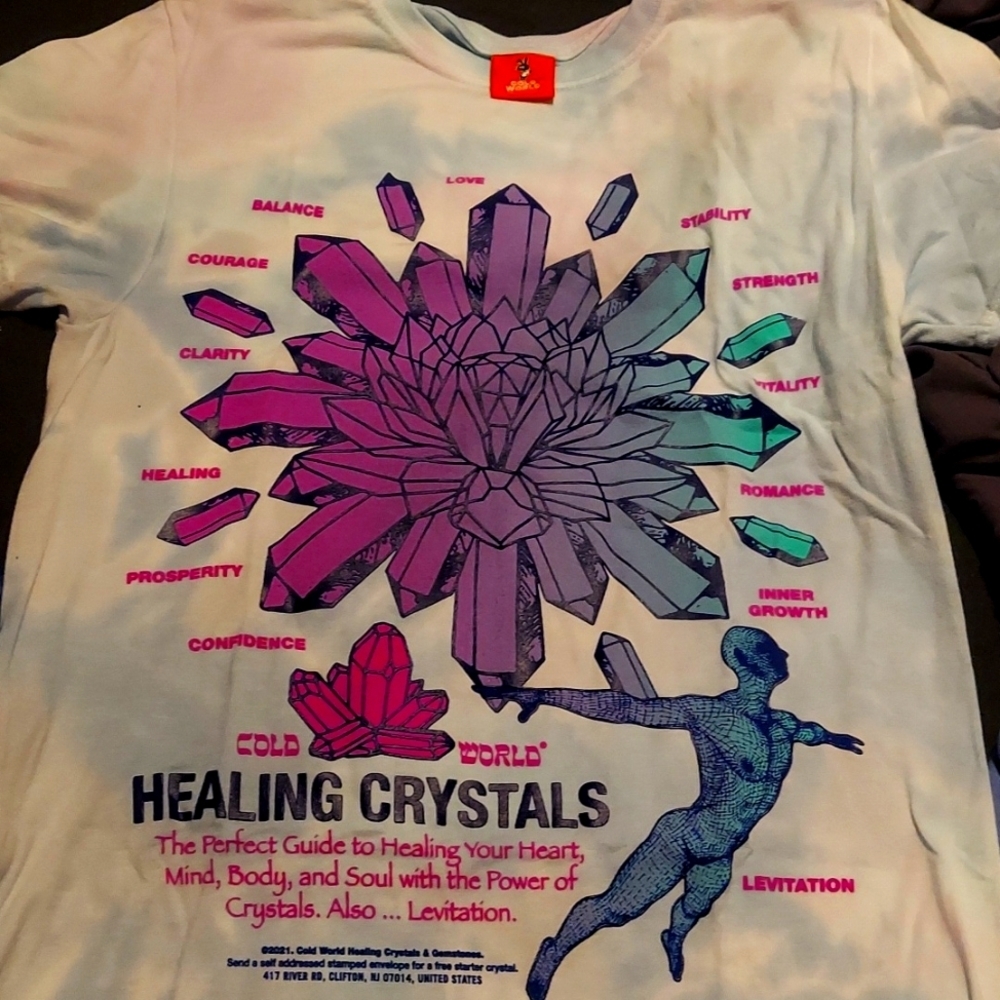 Cold world goods. Healing powers of crystals graphic tye dye.
